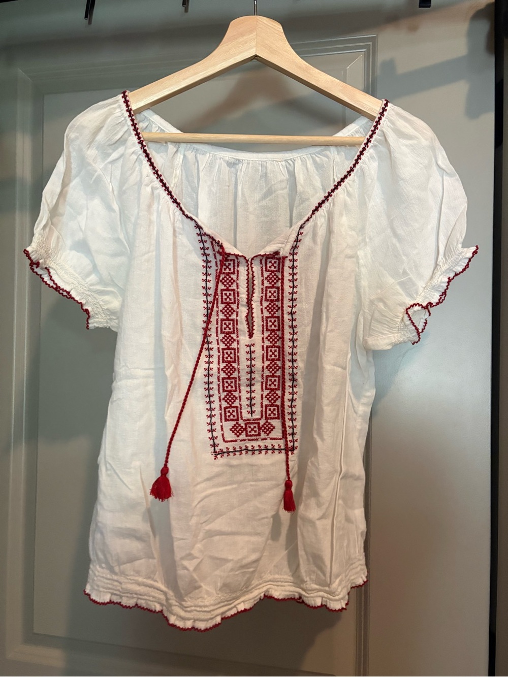 Embroidered Peasant Blouse - White with Red Trim